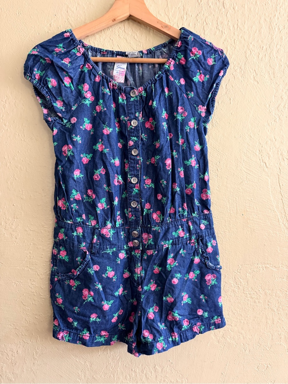 Guess Navy Floral Button Romper with Pink Roses